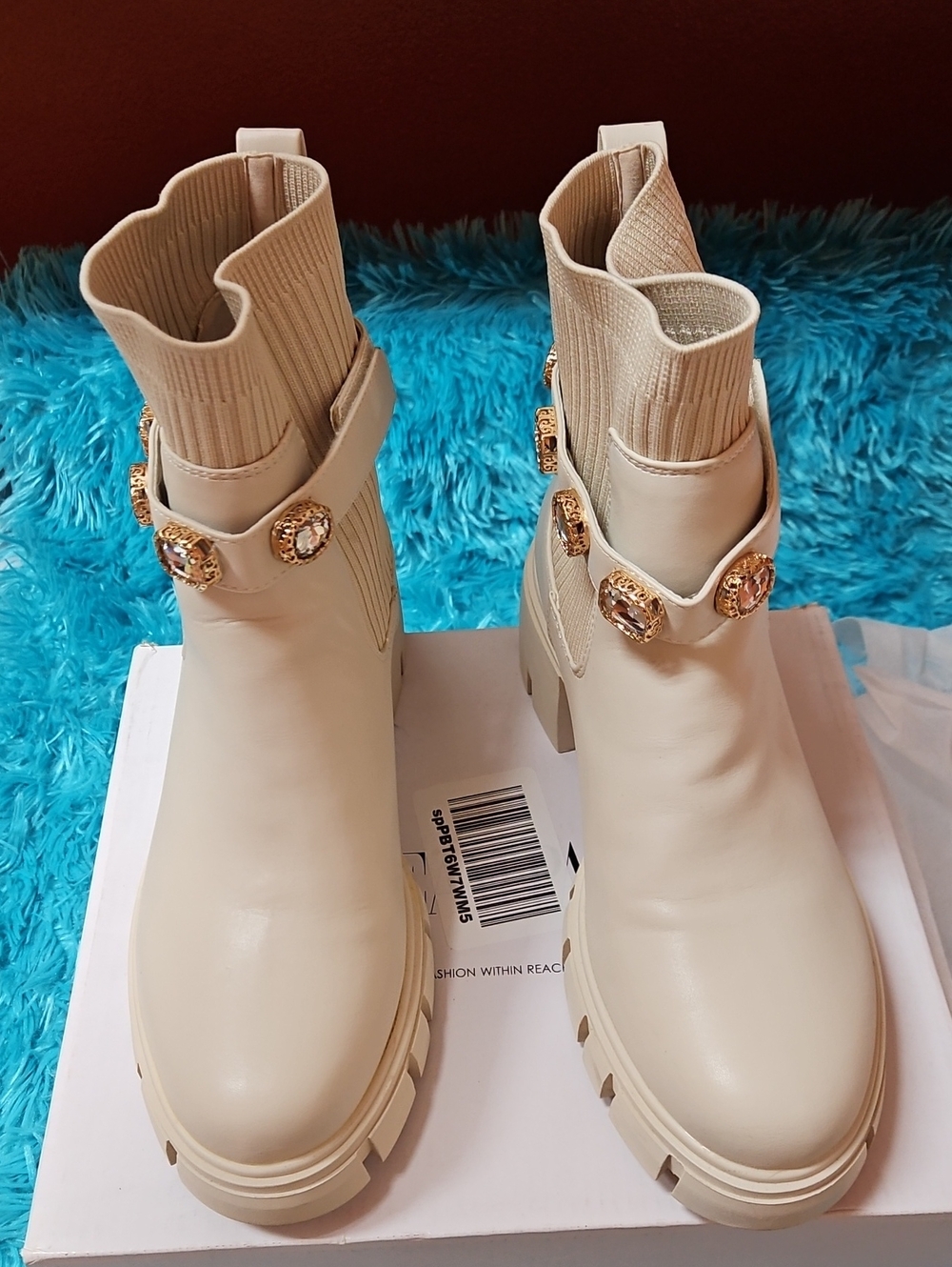 Beige Ankle Boots with Gem Embellishments